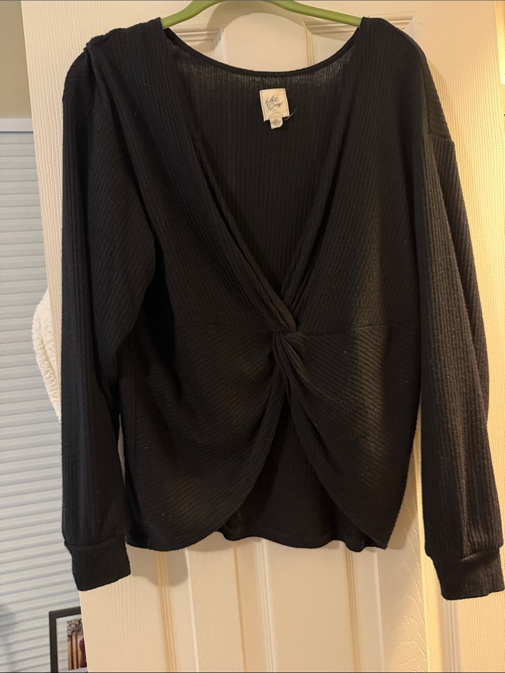 White Crow Black Ribbed Knot-Front Long Sleeve Top